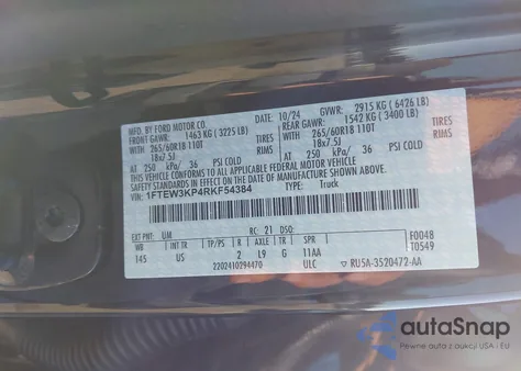 2024 Ford F-150 Xlt из США, поврежденный, VIN 1FTEW3KP4RKF54384